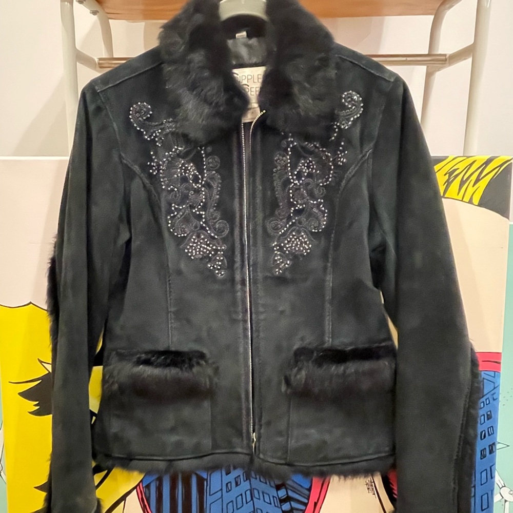 Cripple Creek black suede and fur collar jacket